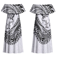 Hawaiian Turtle and Shark Family Matching Off Shoulder Maxi Dress and Hawaiian Shirt Kakau Tribal with Polynesian Pattern White Color LT03 Mom's Dress White - Polynesian Pride