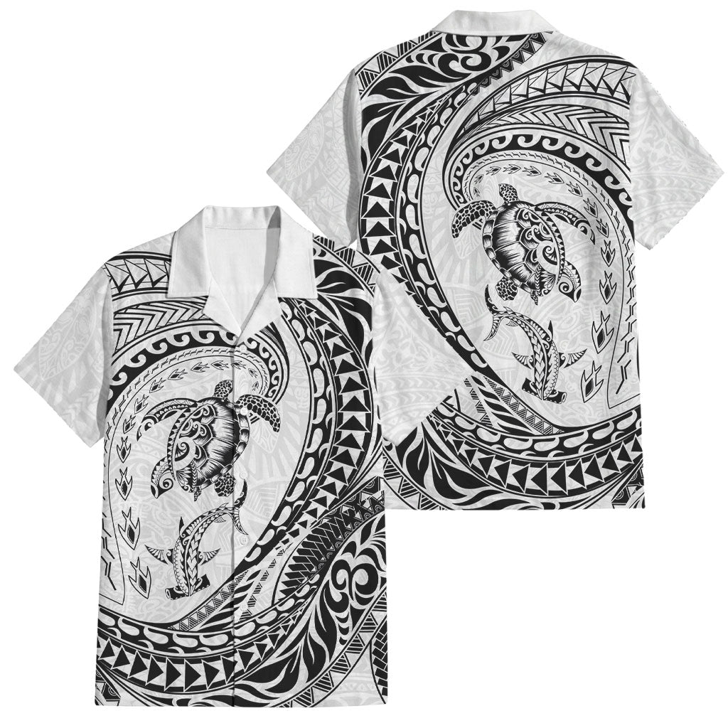 Hawaiian Turtle and Shark Family Matching Off Shoulder Maxi Dress and Hawaiian Shirt Kakau Tribal with Polynesian Pattern White Color LT03 Dad's Shirt - Short Sleeve White - Polynesian Pride