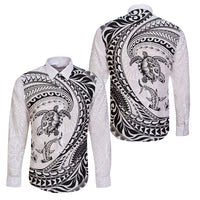Hawaiian Turtle and Shark Family Matching Off Shoulder Short Dress and Hawaiian Shirt Kakau Tribal with Polynesian Pattern White Color LT03 Dad's Shirt - Long Sleeve White - Polynesian Pride