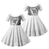 Hawaiian Turtle and Shark Family Matching Off Shoulder Short Dress and Hawaiian Shirt Kakau Tribal with Polynesian Pattern White Color LT03 Daughter's Dress White - Polynesian Pride