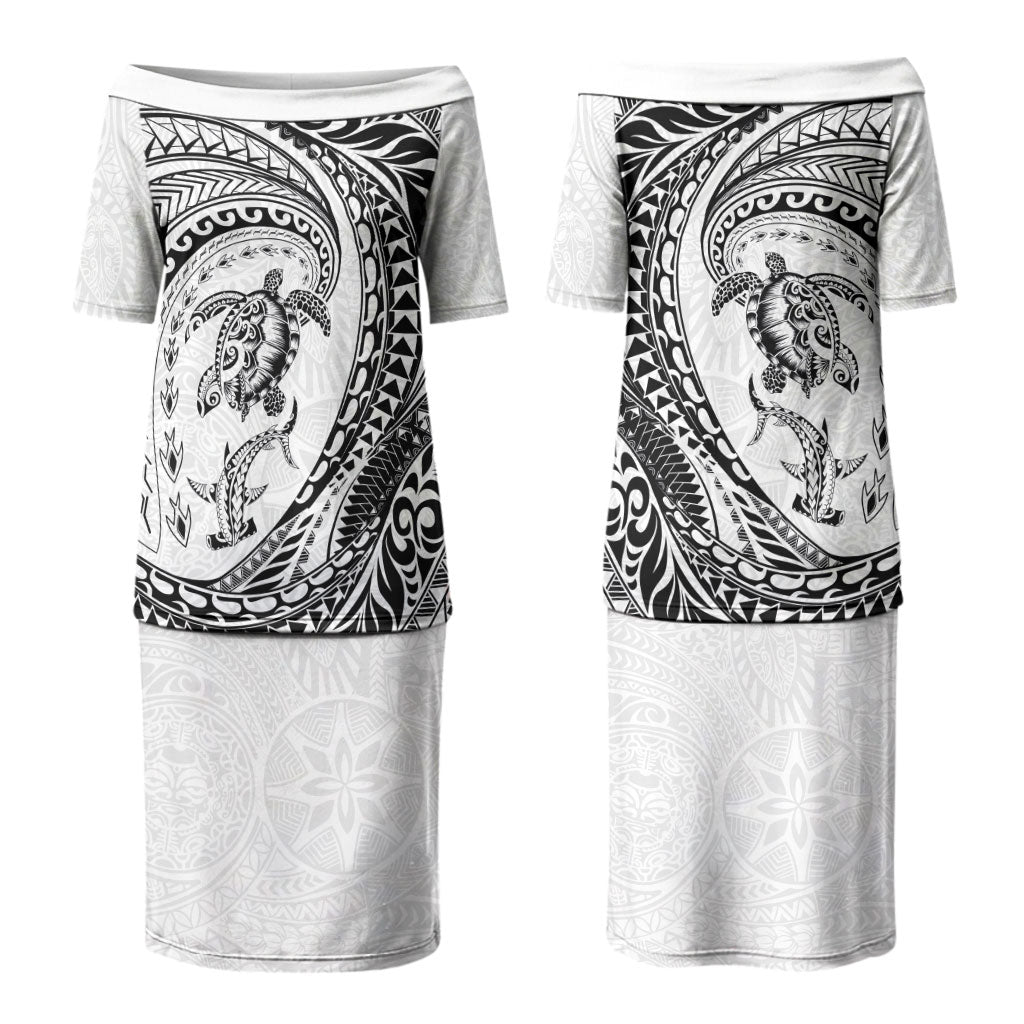 Hawaiian Turtle and Shark Family Matching Puletasi and Hawaiian Shirt Kakau Tribal with Polynesian Pattern White Color LT03 Mom's Dress White - Polynesian Pride