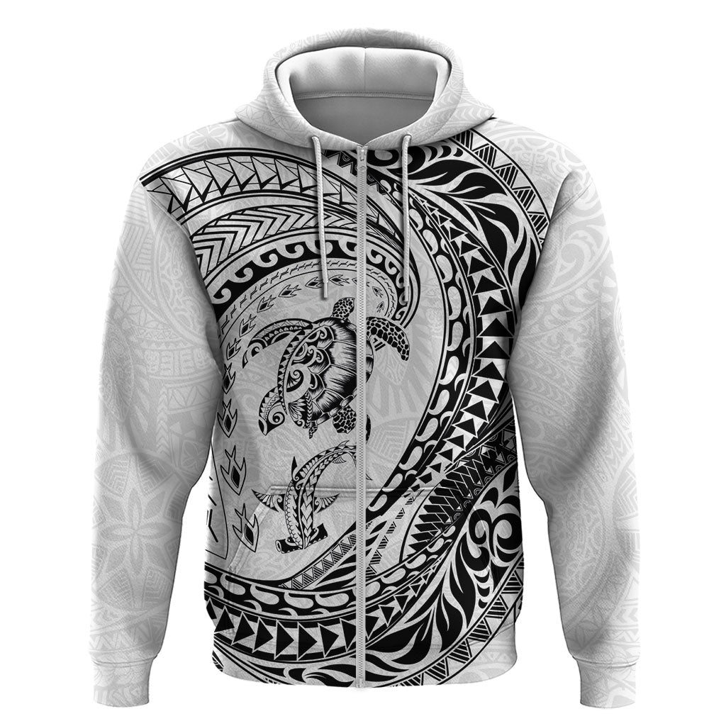 Hawaiian Turtle and Shark Hoodie Kakau Tribal with Polynesian Pattern White Color LT03 Zip Hoodie White - Polynesian Pride