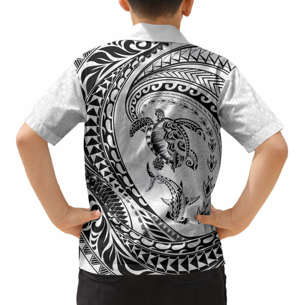Hawaiian Turtle and Shark Kid Hawaiian Shirt Kakau Tribal with Polynesian Pattern White Color LT03 - Polynesian Pride