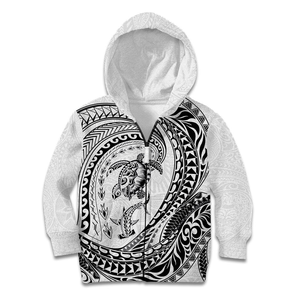 Hawaiian Turtle and Shark Kid Hoodie Kakau Tribal with Polynesian Pattern White Color LT03 Zip Hoodie White - Polynesian Pride
