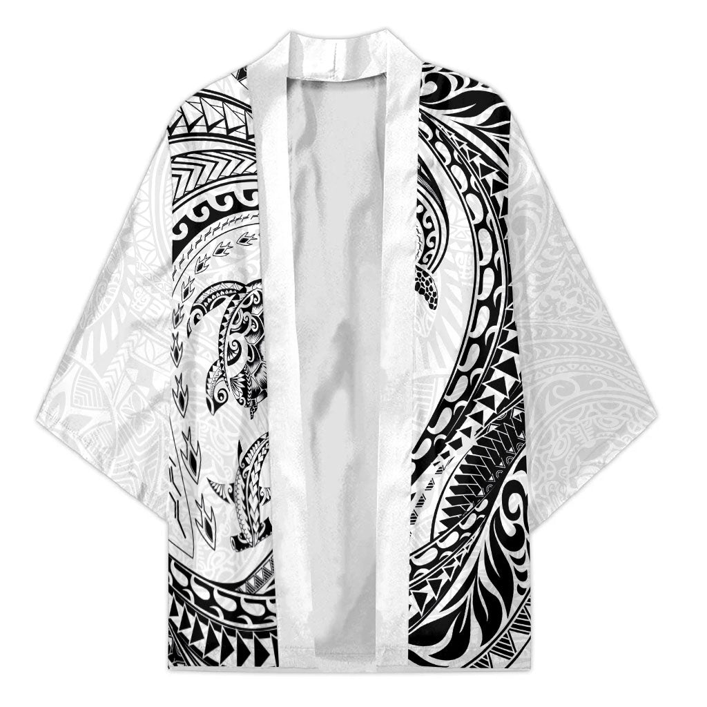 Hawaiian Turtle and Shark Kimono Kakau Tribal with Polynesian Pattern White Color LT03 Unisex White - Polynesian Pride