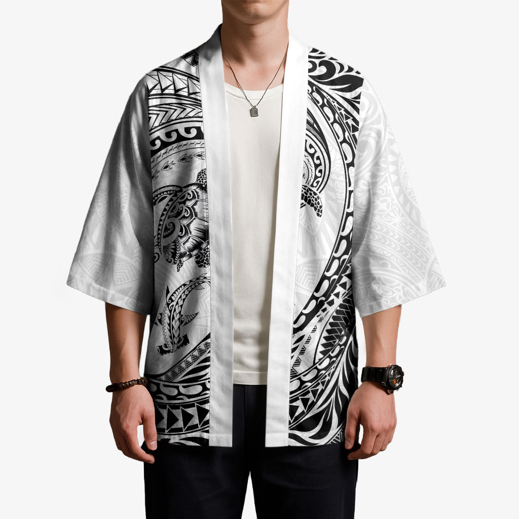 Hawaiian Turtle and Shark Kimono Kakau Tribal with Polynesian Pattern White Color LT03 - Polynesian Pride