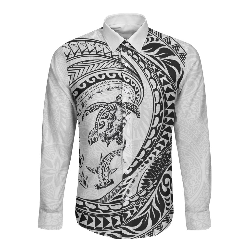 Hawaiian Turtle and Shark Long Sleeve Button Shirt Kakau Tribal with Polynesian Pattern White Color LT03 Unisex White - Polynesian Pride
