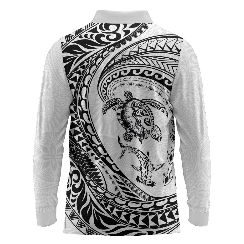 Hawaiian Turtle and Shark Long Sleeve Polo Shirt Kakau Tribal with Polynesian Pattern White Color LT03 - Polynesian Pride