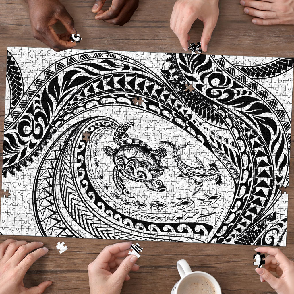 Hawaiian Turtle and Shark Puzzle Kakau Tribal with Polynesian Pattern White Color LT03 - Polynesian Pride