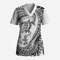 Hawaiian Turtle and Shark Scrub Top Kakau Tribal with Polynesian Pattern White Color LT03 Adult White - Polynesian Pride