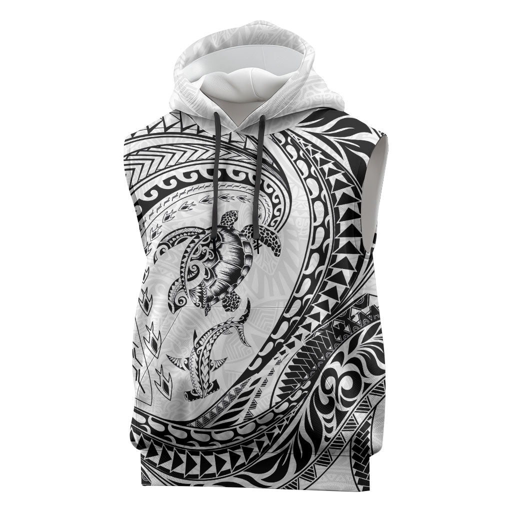 Hawaiian Turtle and Shark Sleeveless Hoodie Kakau Tribal with Polynesian Pattern White Color LT03 White - Polynesian Pride