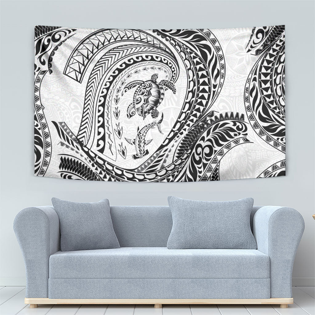 Hawaiian Turtle and Shark Tapestry Kakau Tribal with Polynesian Pattern White Color LT03 - Polynesian Pride