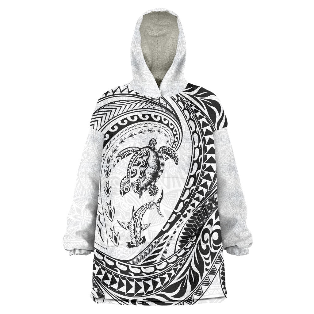 Hawaiian Turtle and Shark Wearable Blanket Hoodie Kakau Tribal with Polynesian Pattern White Color LT03 One Size White - Polynesian Pride