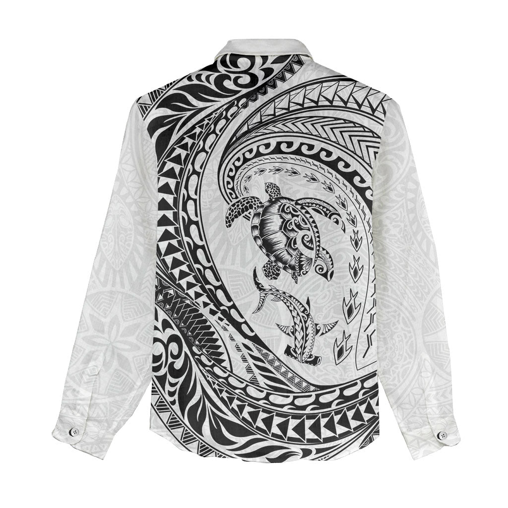 Hawaiian Turtle and Shark Women Casual Shirt Kakau Tribal with Polynesian Pattern White Color LT03 - Polynesian Pride
