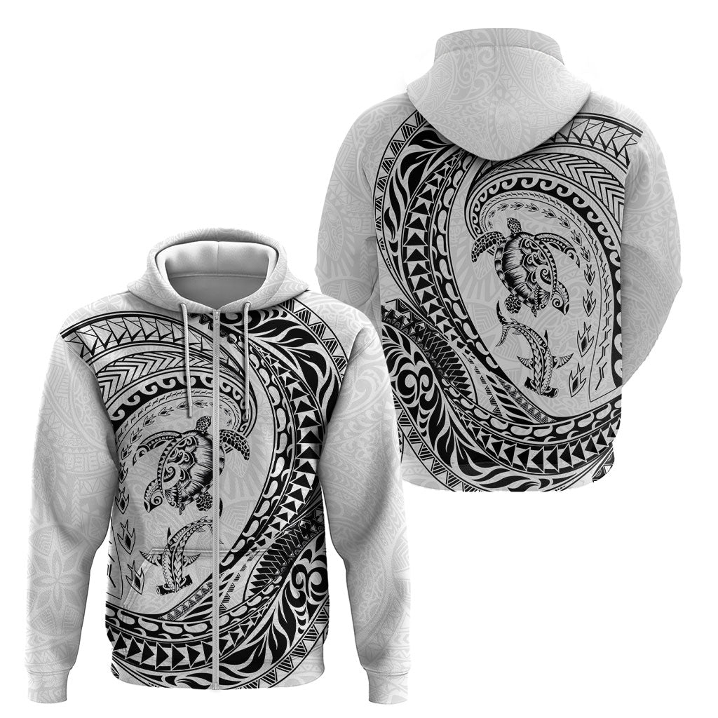 Hawaiian Turtle and Shark Zip Hoodie Kakau Tribal with Polynesian Pattern White Color LT03 - Polynesian Pride