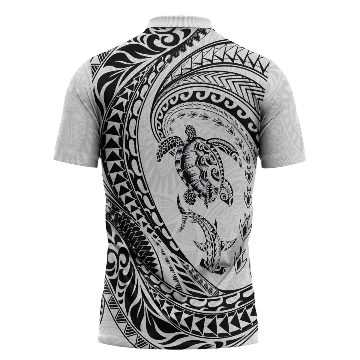 Hawaiian Turtle and Shark Zipper Polo Shirt Kakau Tribal with Polynesian Pattern White Color LT03 - Polynesian Pride