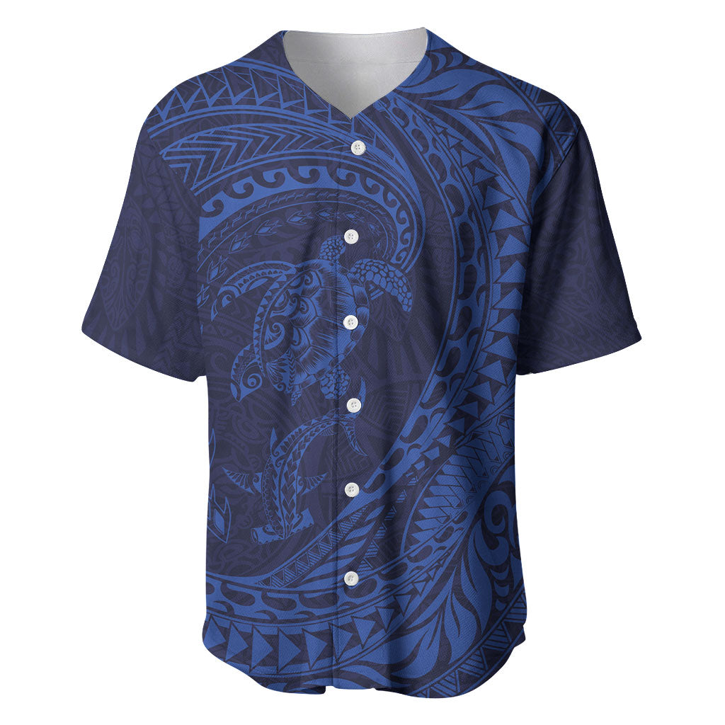 Hawaiian Turtle and Shark Baseball Jersey Kakau Tribal with Polynesian Pattern Blue Color LT03 Blue - Polynesian Pride