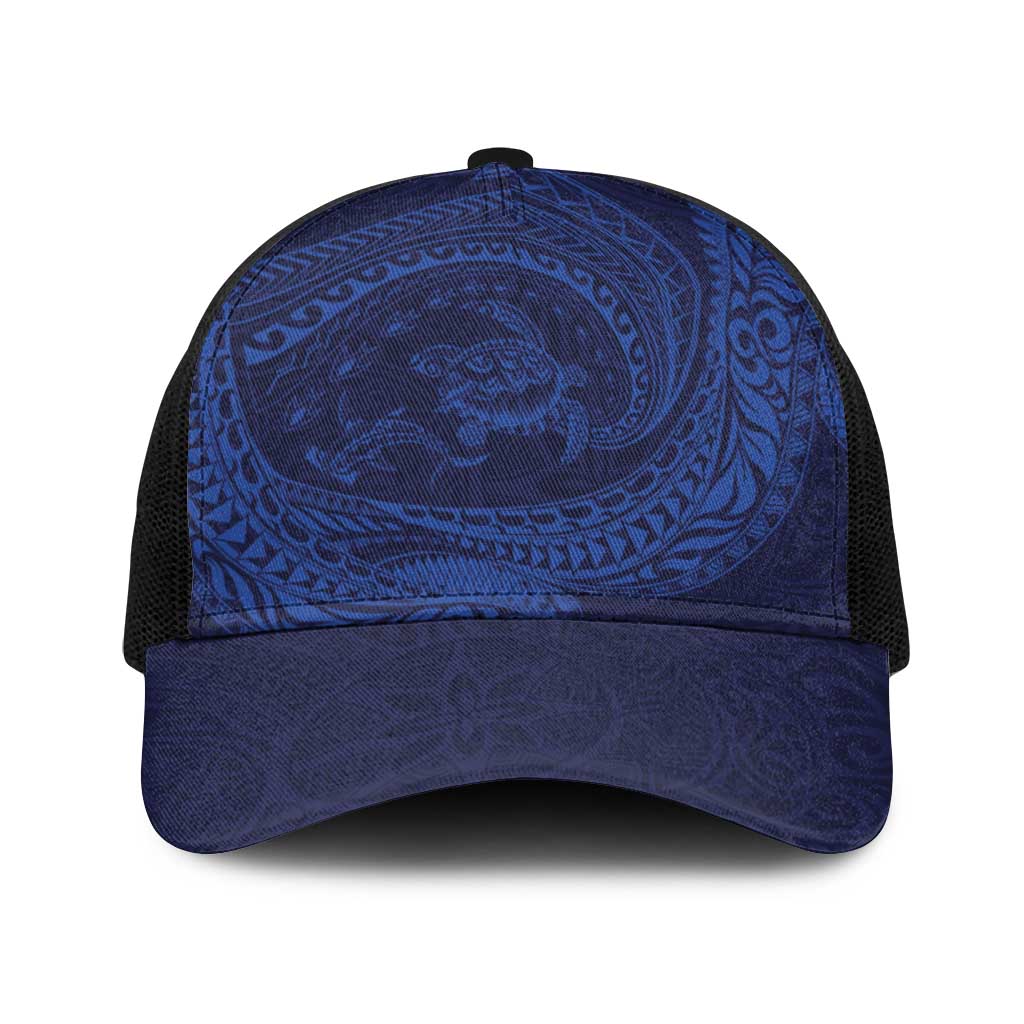 Hawaiian Turtle and Shark Baseball Net Cap Kakau Tribal with Polynesian Pattern Blue Color LT03 One Size Black Blue - Polynesian Pride