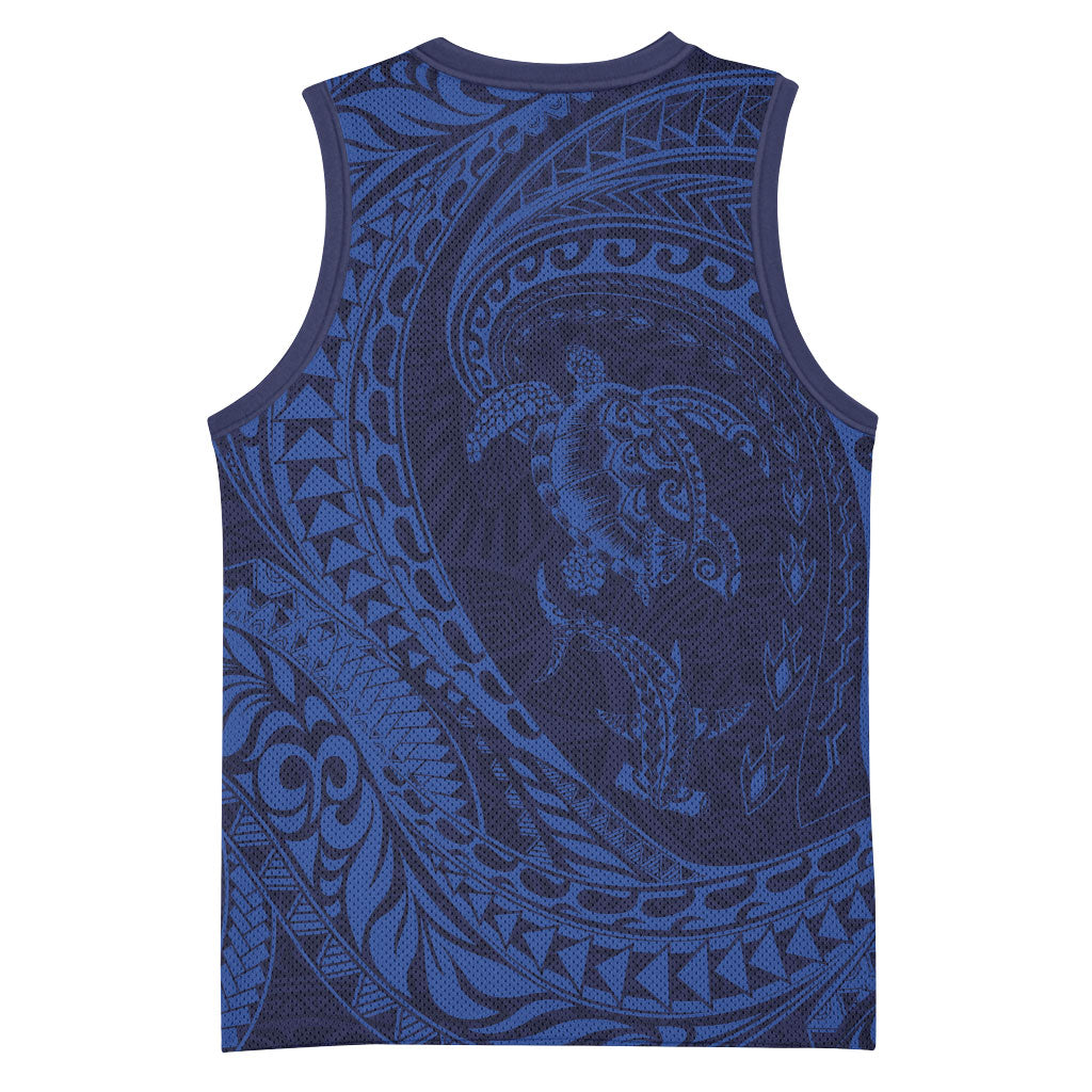 Hawaiian Turtle and Shark Basketball Jersey Kakau Tribal with Polynesian Pattern Blue Color LT03 - Polynesian Pride