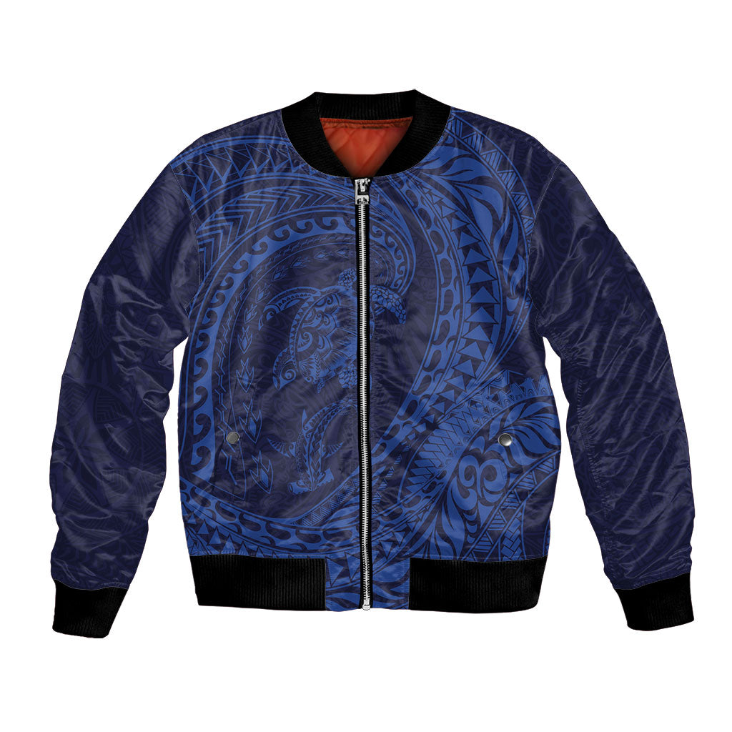 Hawaiian Turtle and Shark Bomber Jacket Kakau Tribal with Polynesian Pattern Blue Color LT03 Unisex Blue - Polynesian Pride