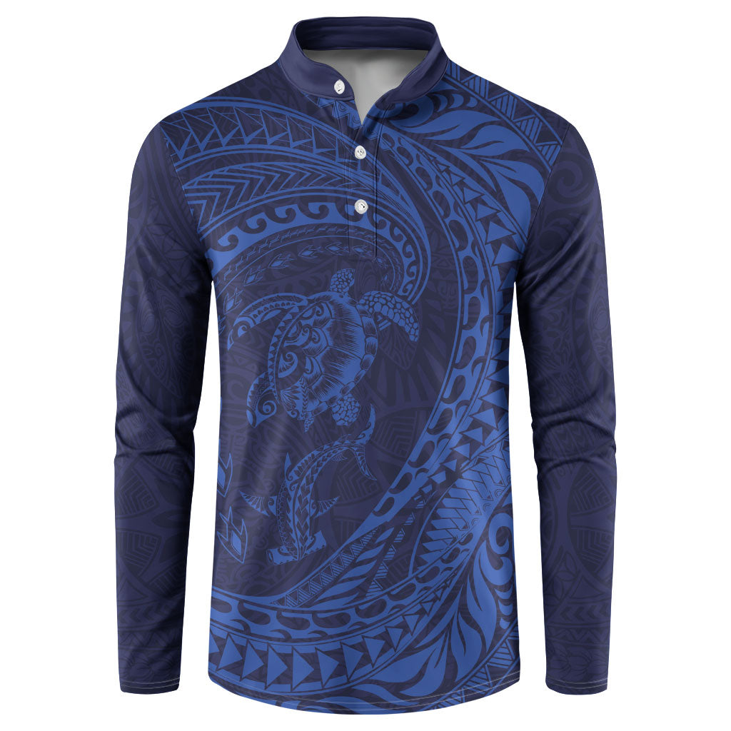 Hawaiian Turtle and Shark Button Sweatshirt Kakau Tribal with Polynesian Pattern Blue Color LT03 Blue - Polynesian Pride