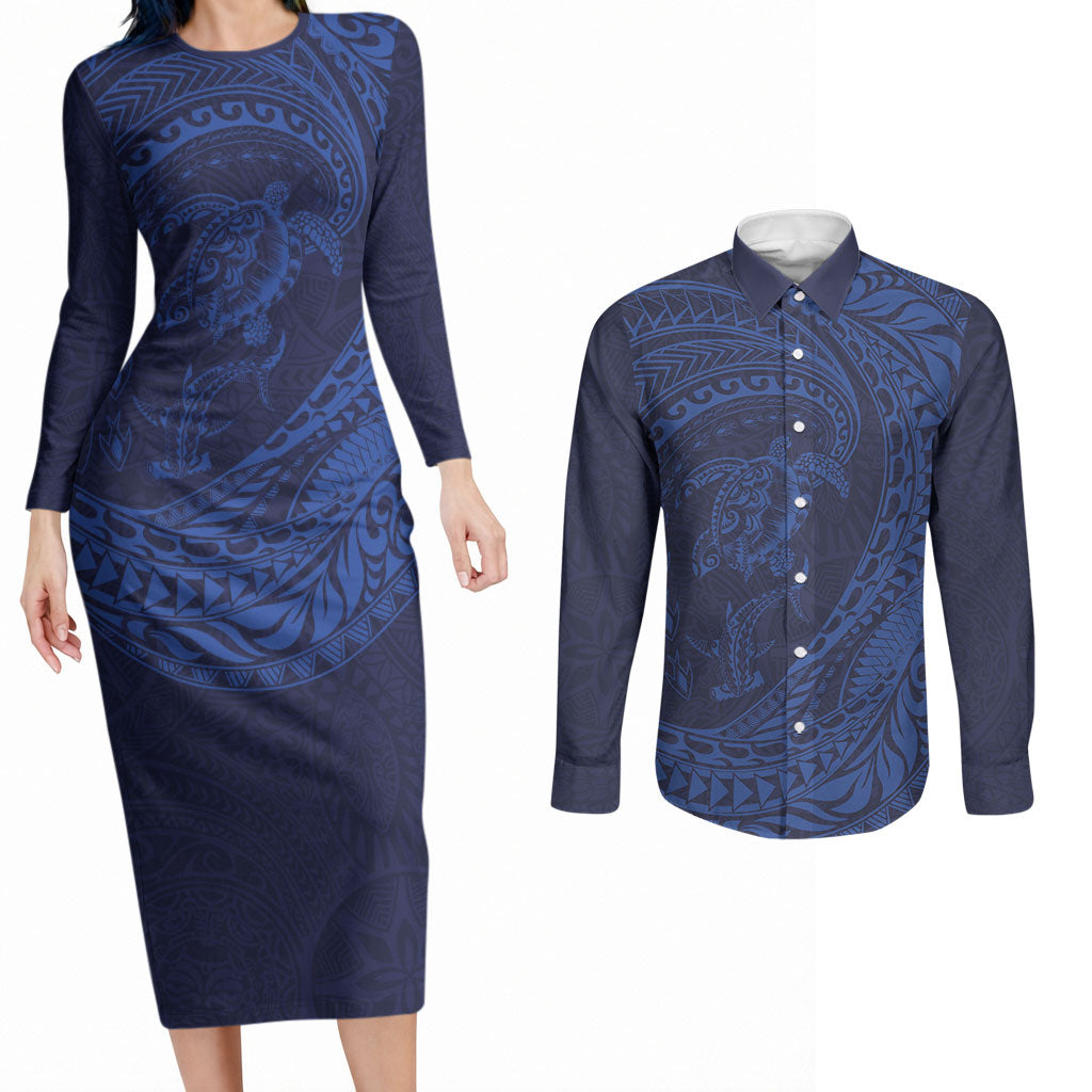 Hawaiian Turtle and Shark Couples Matching Long Sleeve Bodycon Dress and Long Sleeve Button Shirt Kakau Tribal with Polynesian Pattern Blue Color LT03 Blue - Polynesian Pride