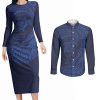 Hawaiian Turtle and Shark Couples Matching Long Sleeve Bodycon Dress and Long Sleeve Button Shirt Kakau Tribal with Polynesian Pattern Blue Color LT03 Blue - Polynesian Pride