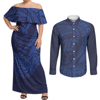 Hawaiian Turtle and Shark Couples Matching Off Shoulder Maxi Dress and Long Sleeve Button Shirt Kakau Tribal with Polynesian Pattern Blue Color LT03 Blue - Polynesian Pride