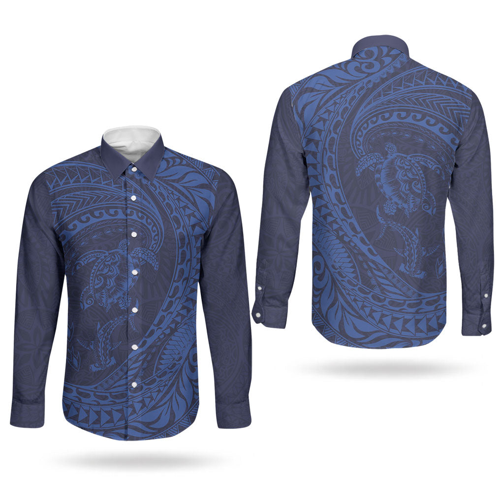 Hawaiian Turtle and Shark Couples Matching Off Shoulder Short Dress and Long Sleeve Button Shirt Kakau Tribal with Polynesian Pattern Blue Color LT03 - Polynesian Pride