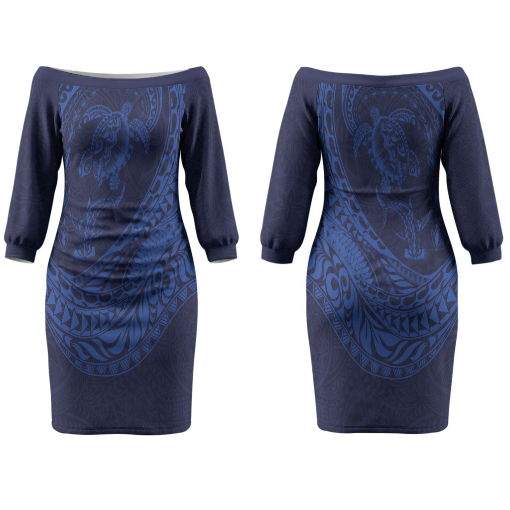 Hawaiian Turtle and Shark Couples Matching Off The Shoulder Long Sleeve Dress and Hawaiian Shirt Kakau Tribal with Polynesian Pattern Blue Color LT03 - Polynesian Pride