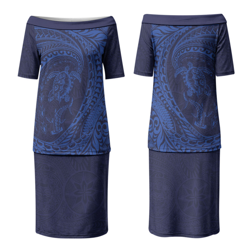 Hawaiian Turtle and Shark Couples Matching Puletasi and Hawaiian Shirt Kakau Tribal with Polynesian Pattern Blue Color LT03 - Polynesian Pride