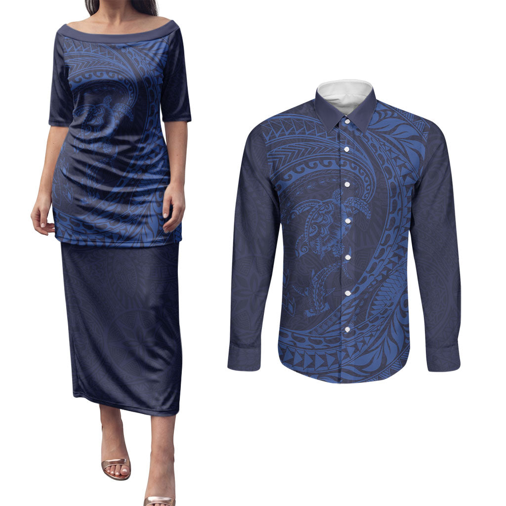 Hawaiian Turtle and Shark Couples Matching Puletasi and Long Sleeve Button Shirt Kakau Tribal with Polynesian Pattern Blue Color LT03 Blue - Polynesian Pride