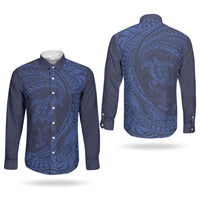 Hawaiian Turtle and Shark Couples Matching Puletasi and Long Sleeve Button Shirt Kakau Tribal with Polynesian Pattern Blue Color LT03 - Polynesian Pride
