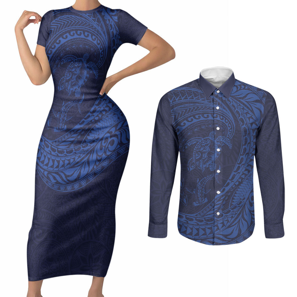 Hawaiian Turtle and Shark Couples Matching Short Sleeve Bodycon Dress and Long Sleeve Button Shirt Kakau Tribal with Polynesian Pattern Blue Color LT03 Blue - Polynesian Pride