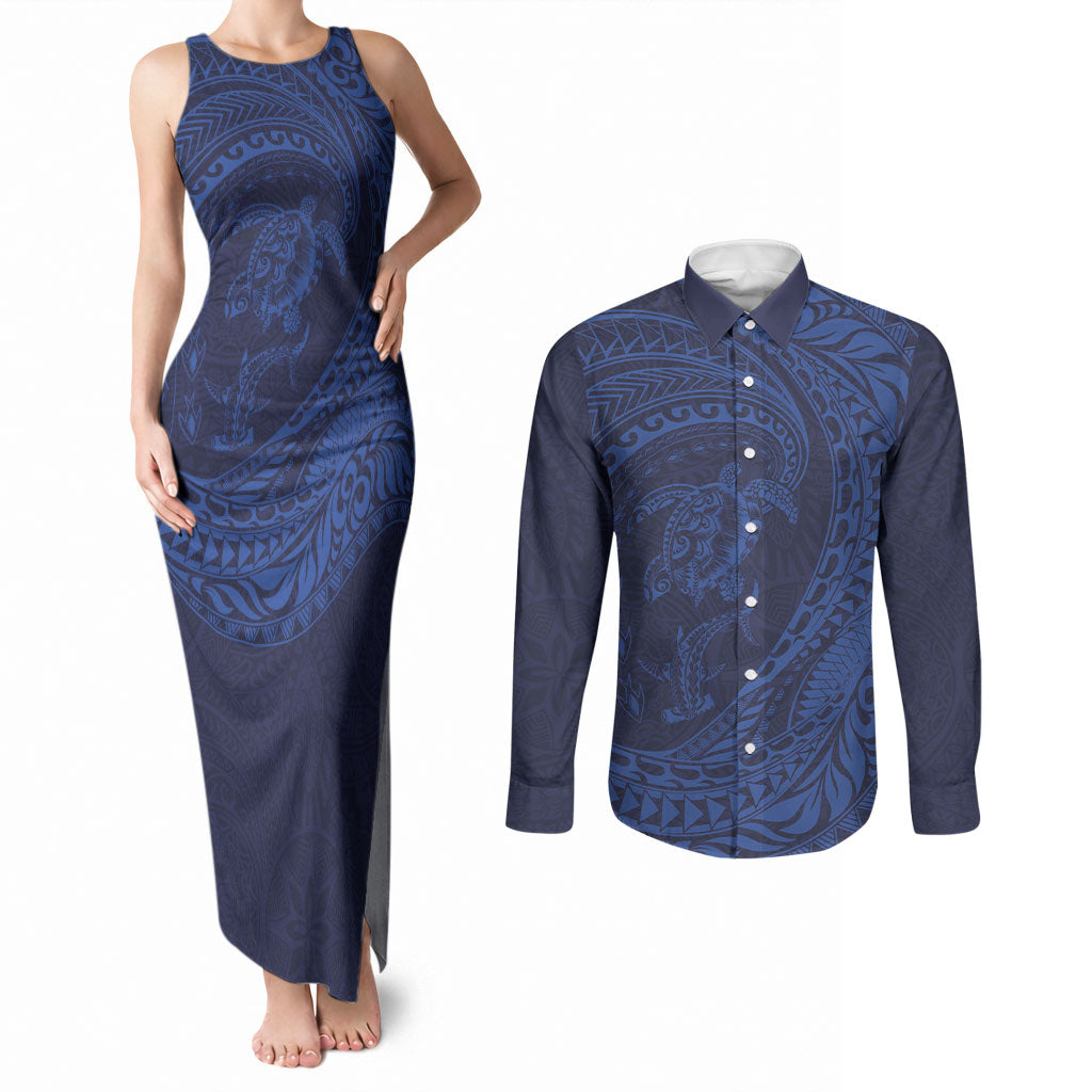 Hawaiian Turtle and Shark Couples Matching Tank Maxi Dress and Long Sleeve Button Shirt Kakau Tribal with Polynesian Pattern Blue Color LT03 Blue - Polynesian Pride