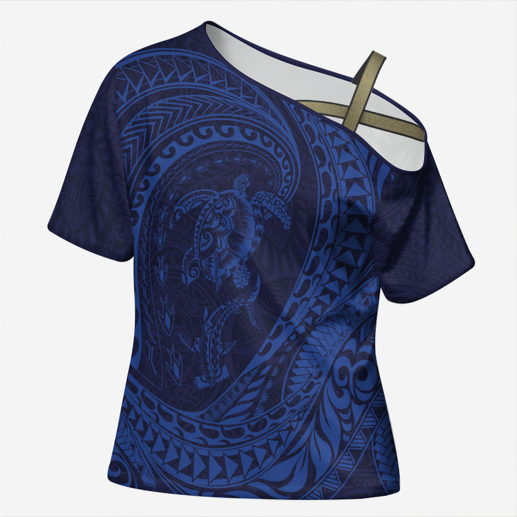 Hawaiian Turtle and Shark Cross Shoulder Shirt Kakau Tribal with Polynesian Pattern Blue Color LT03 Female Blue - Polynesian Pride