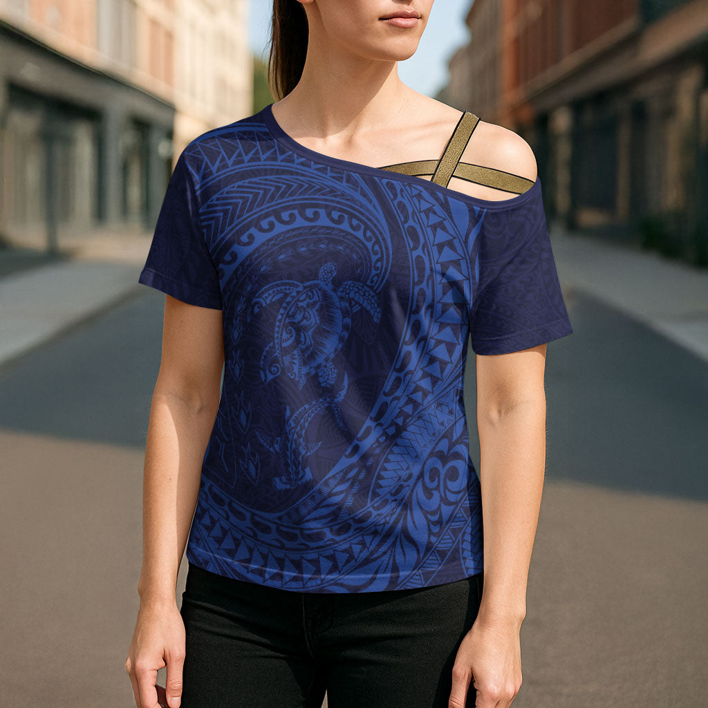 Hawaiian Turtle and Shark Cross Shoulder Shirt Kakau Tribal with Polynesian Pattern Blue Color LT03 - Polynesian Pride