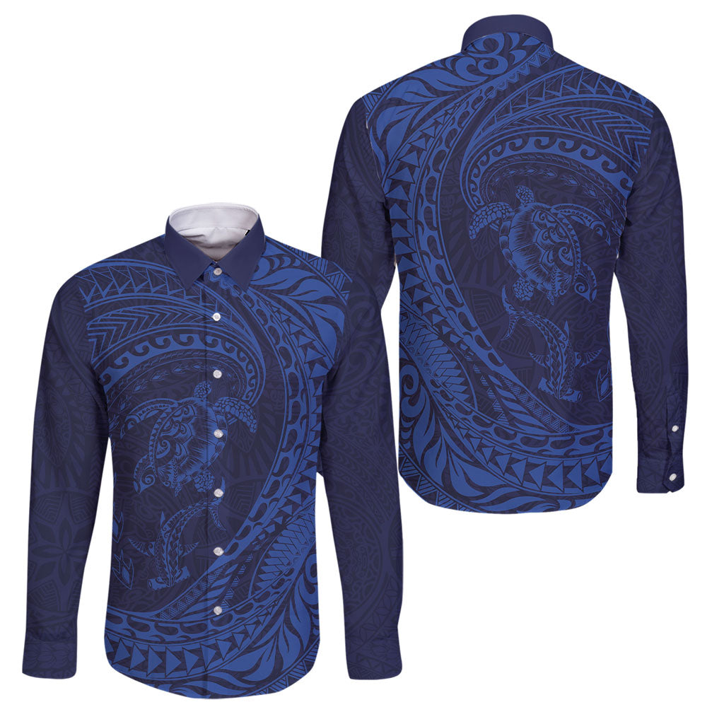 Hawaiian Turtle and Shark Family Matching Mermaid Dress and Hawaiian Shirt Kakau Tribal with Polynesian Pattern Blue Color