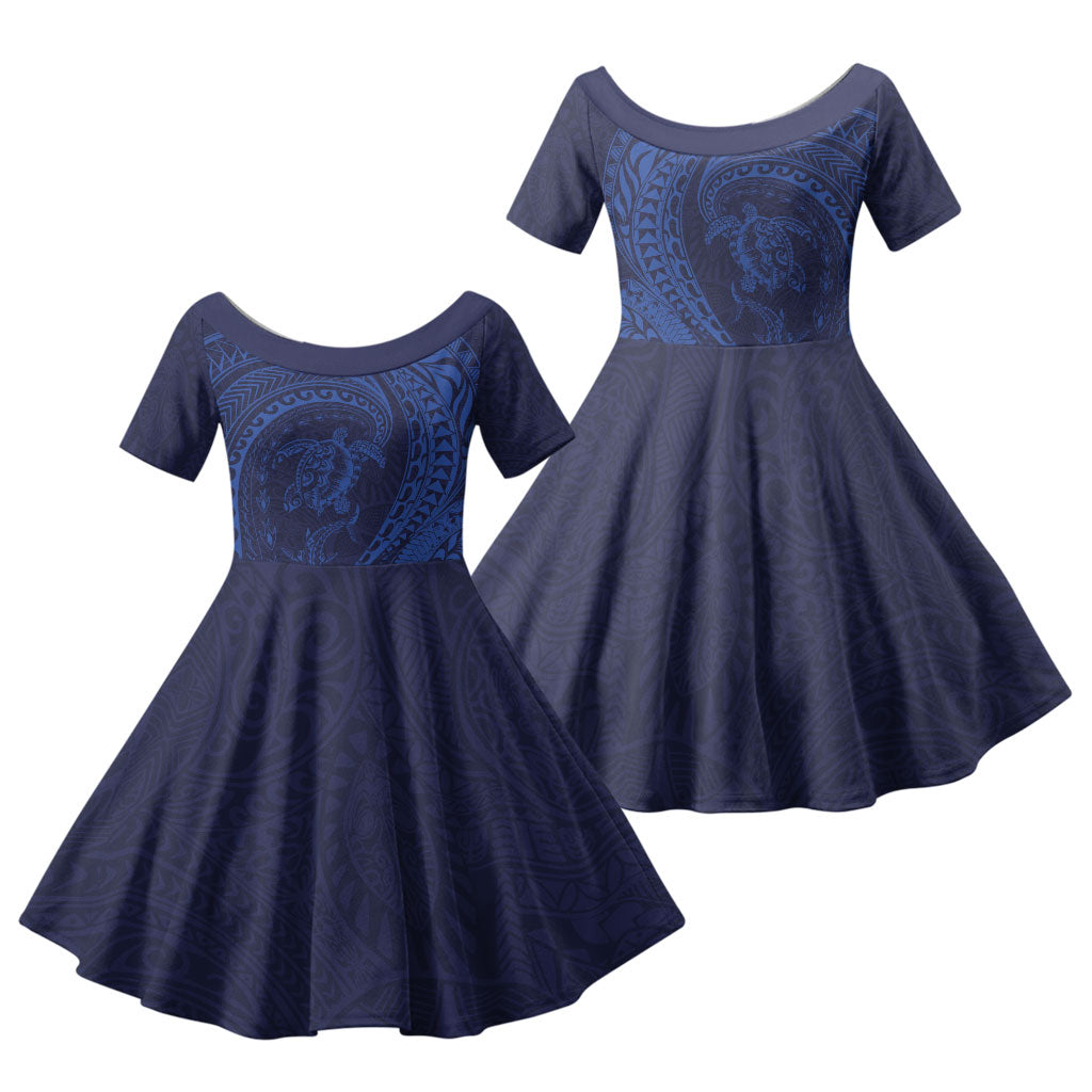 Hawaiian Turtle and Shark Family Matching Mermaid Dress and Hawaiian Shirt Kakau Tribal with Polynesian Pattern Blue Color
