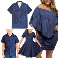 Hawaiian Turtle and Shark Family Matching Off Shoulder Short Dress and Hawaiian Shirt Kakau Tribal with Polynesian Pattern Blue Color LT03 - Polynesian Pride