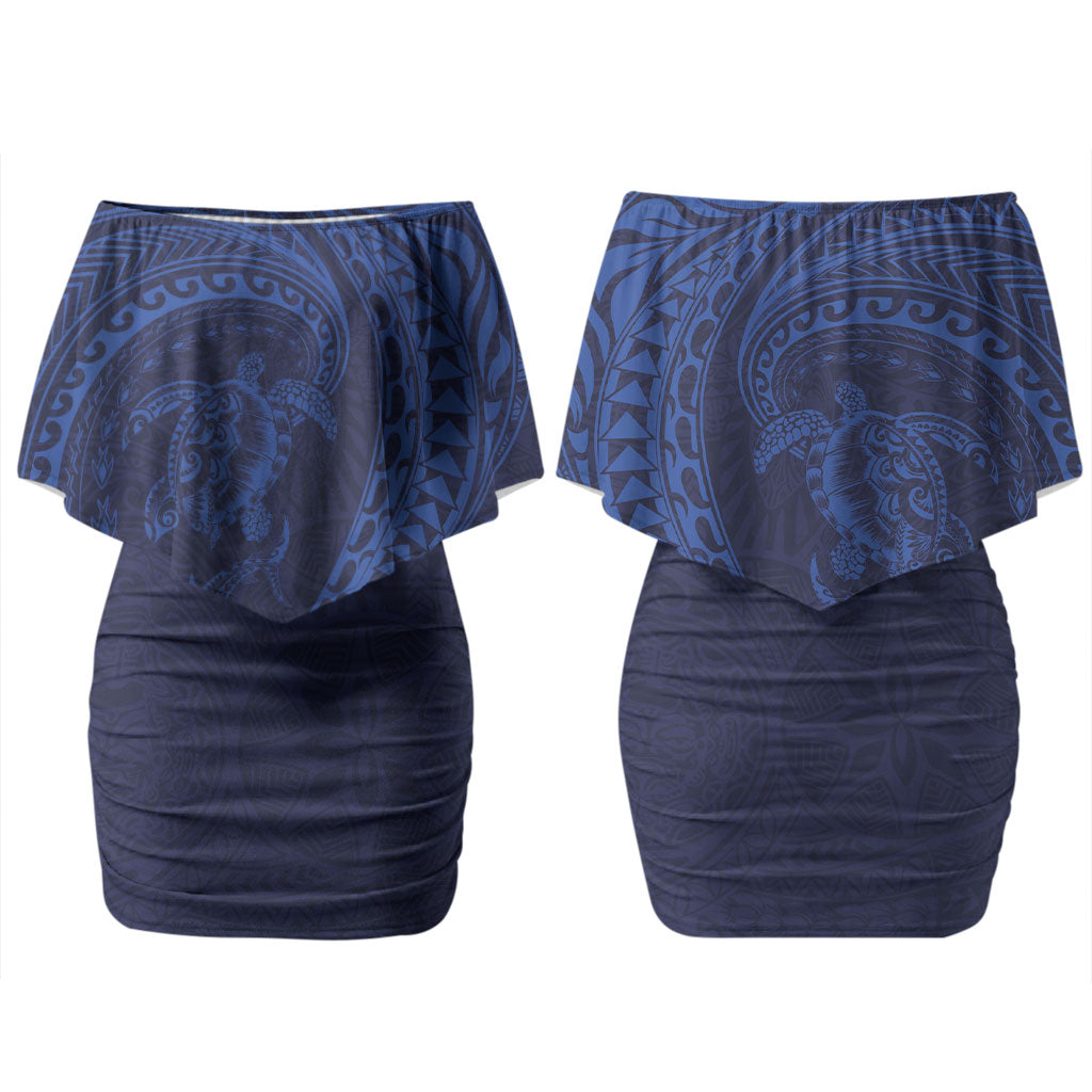Hawaiian Turtle and Shark Family Matching Off Shoulder Short Dress and Hawaiian Shirt Kakau Tribal with Polynesian Pattern Blue Color LT03 Mom's Dress Blue - Polynesian Pride