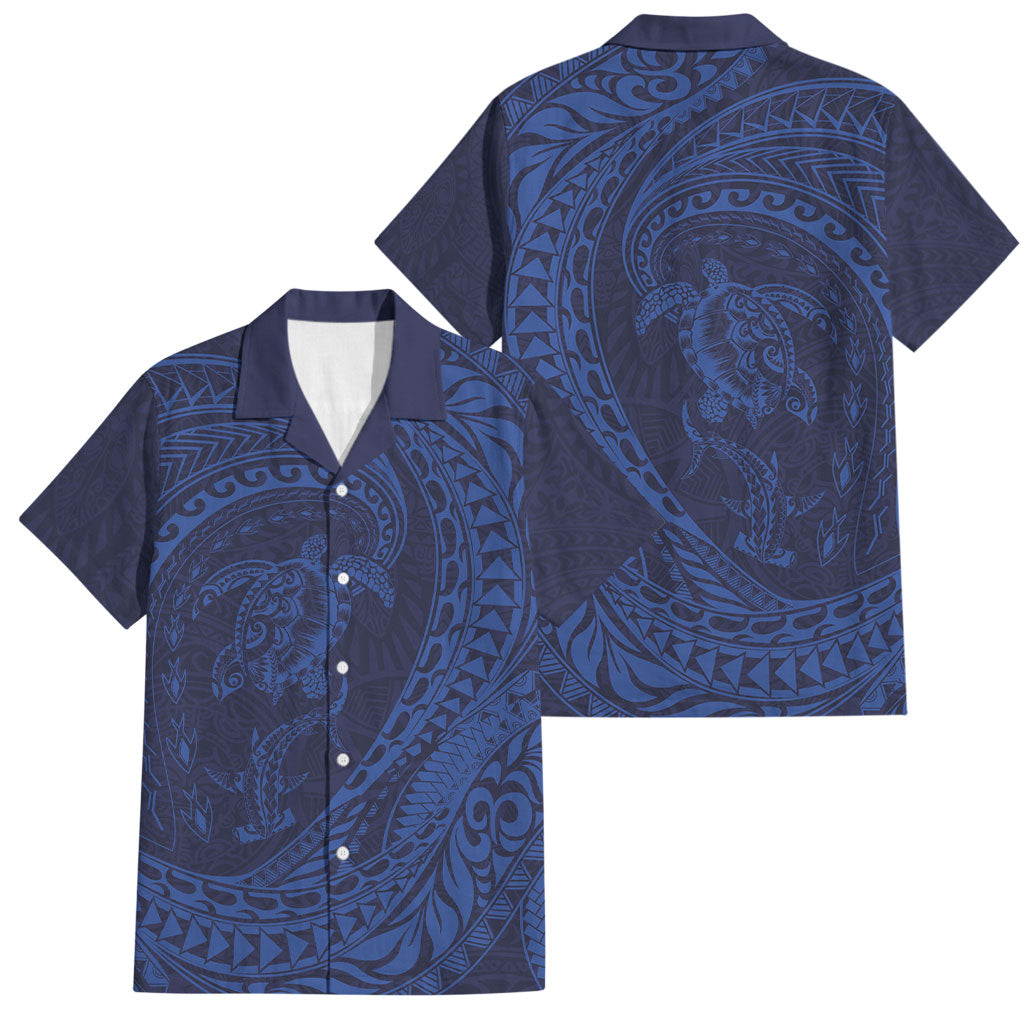 Hawaiian Turtle and Shark Family Matching Off Shoulder Short Dress and Hawaiian Shirt Kakau Tribal with Polynesian Pattern Blue Color LT03 Dad's Shirt - Short Sleeve Blue - Polynesian Pride