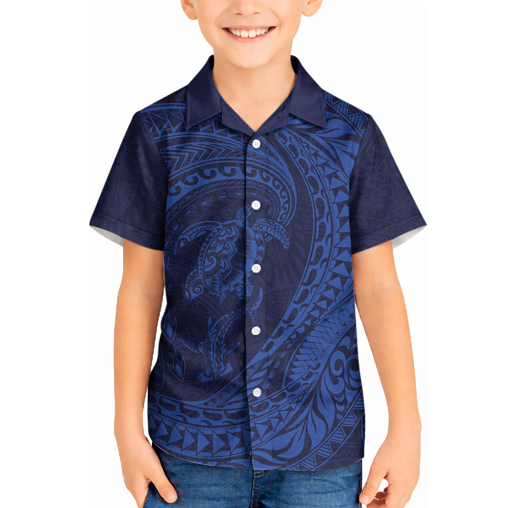 Hawaiian Turtle and Shark Kid Hawaiian Shirt Kakau Tribal with Polynesian Pattern Blue Color LT03 Kid Blue - Polynesian Pride