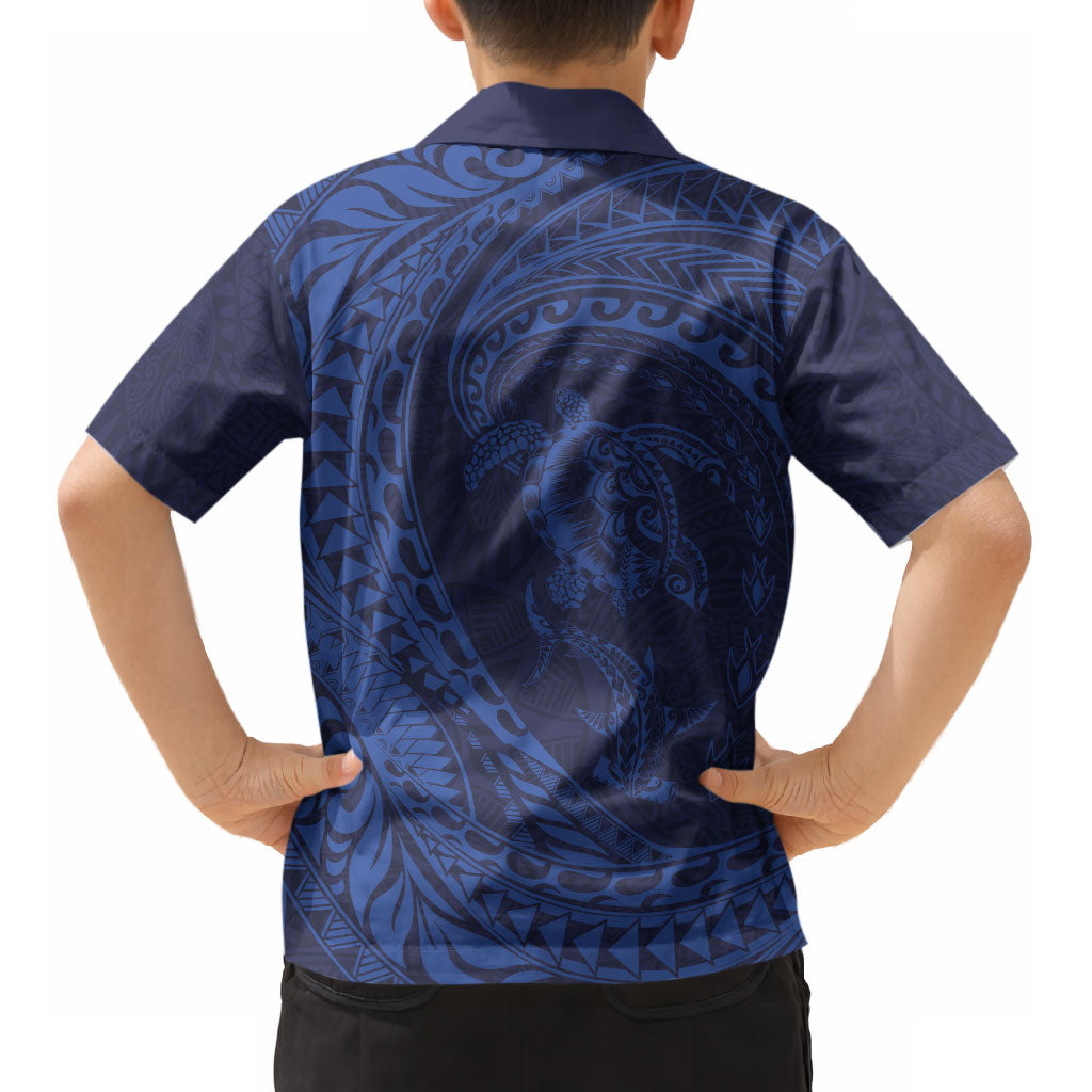 Hawaiian Turtle and Shark Kid Hawaiian Shirt Kakau Tribal with Polynesian Pattern Blue Color LT03 - Polynesian Pride