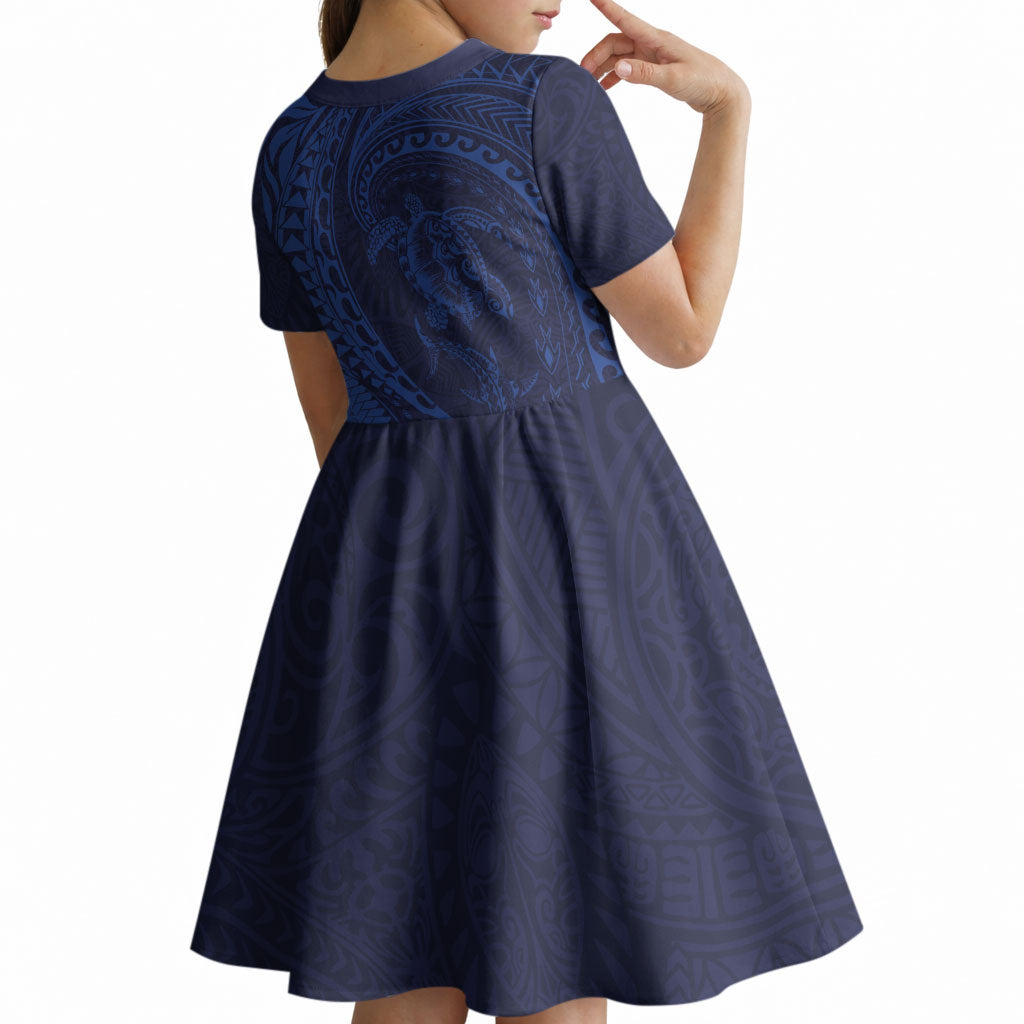 Hawaiian Turtle and Shark Kid Short Sleeve Dress Kakau Tribal with Polynesian Pattern Blue Color LT03 - Polynesian Pride