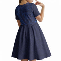 Hawaiian Turtle and Shark Kid Short Sleeve Dress Kakau Tribal with Polynesian Pattern Blue Color LT03 - Polynesian Pride