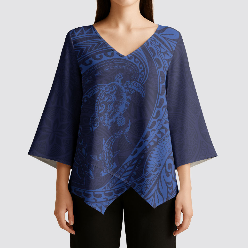 Hawaiian Turtle and Shark Kimono Sleeve Blouse Kakau Tribal with Polynesian Pattern Blue Color LT03 - Polynesian Pride