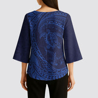 Hawaiian Turtle and Shark Kimono Sleeve Blouse Kakau Tribal with Polynesian Pattern Blue Color LT03 - Polynesian Pride