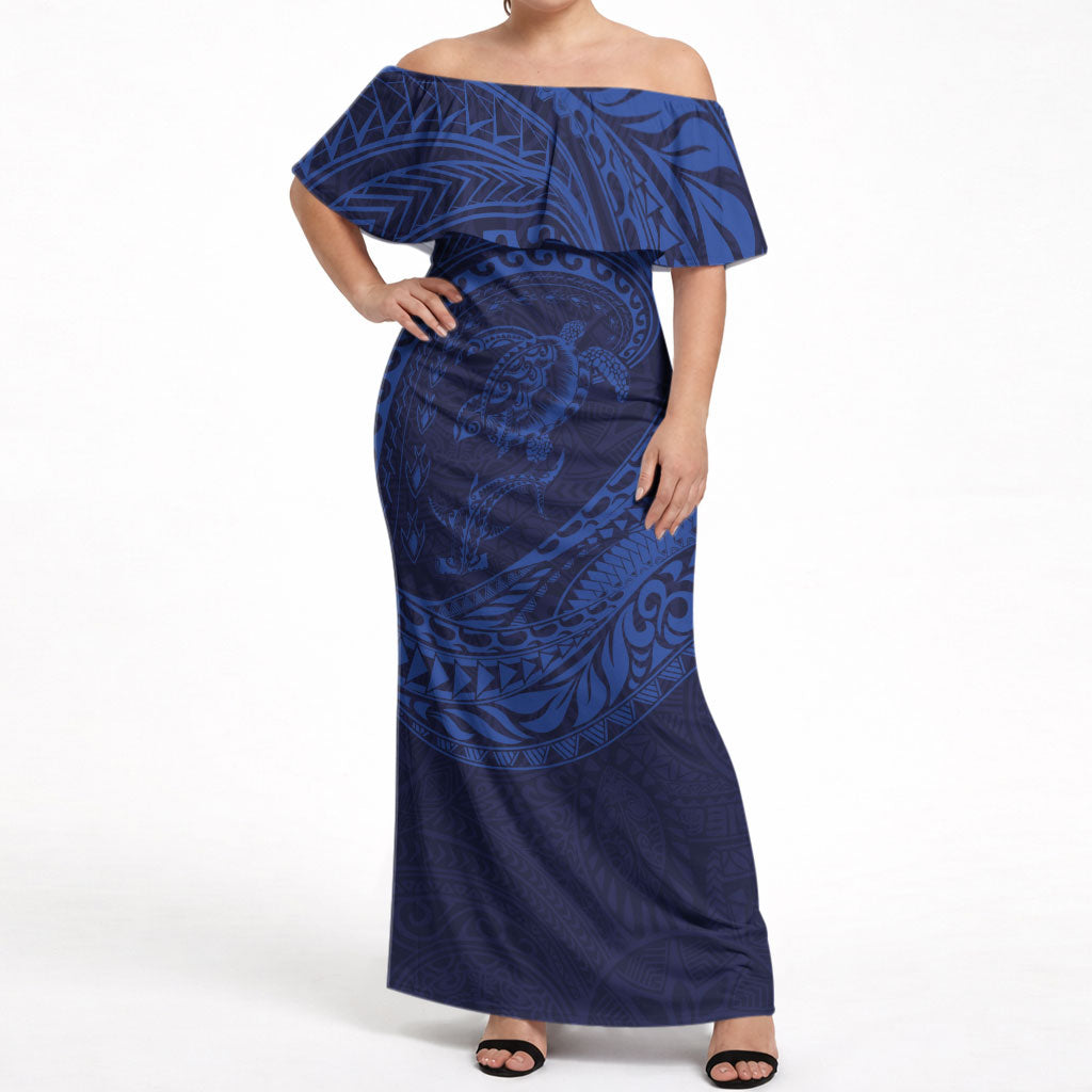Hawaiian Turtle and Shark Off Shoulder Maxi Dress Kakau Tribal with Polynesian Pattern Blue Color LT03 Women Blue - Polynesian Pride