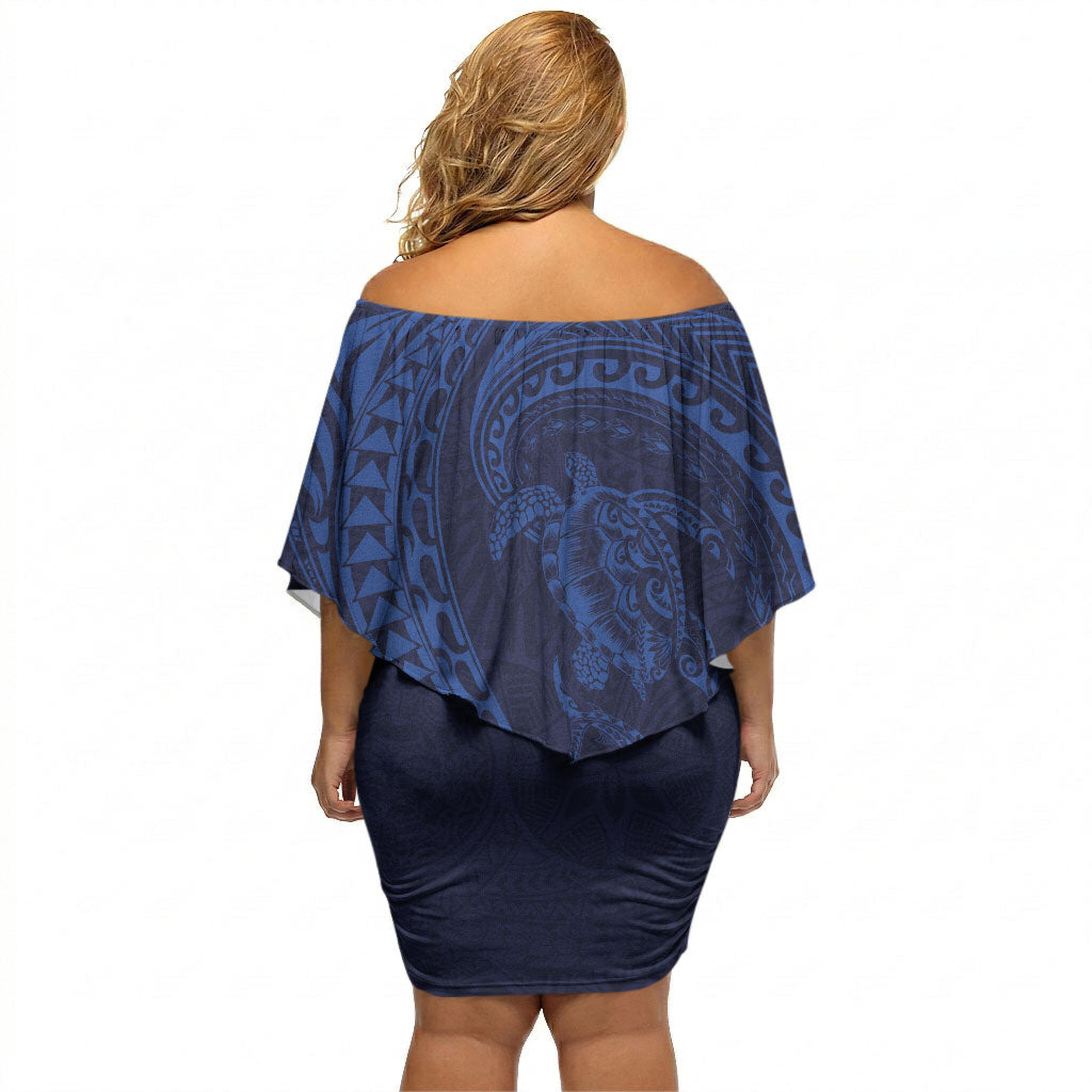 Hawaiian Turtle and Shark Off Shoulder Short Dress Kakau Tribal with Polynesian Pattern Blue Color LT03 - Polynesian Pride